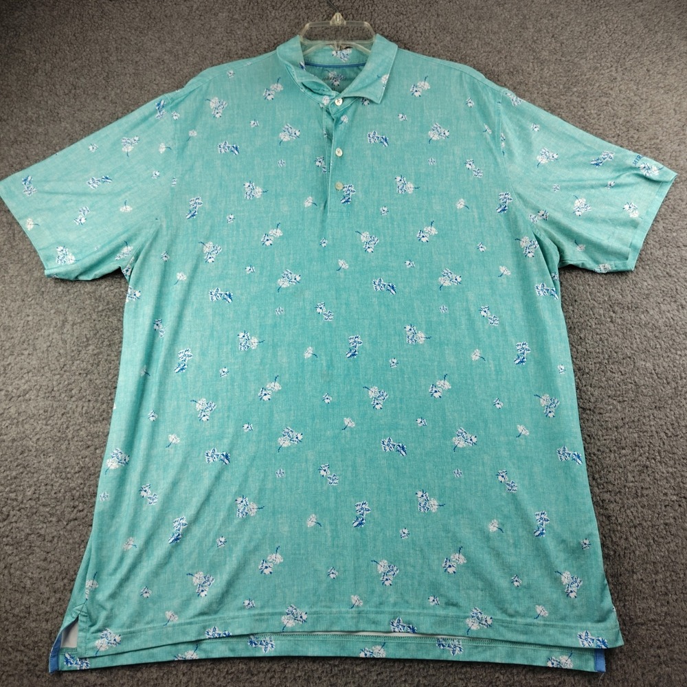 Johnnie-O Mens XL Polo Shirt Aqua Teal Floral‎ Prep-Performance XL Stretch Golf